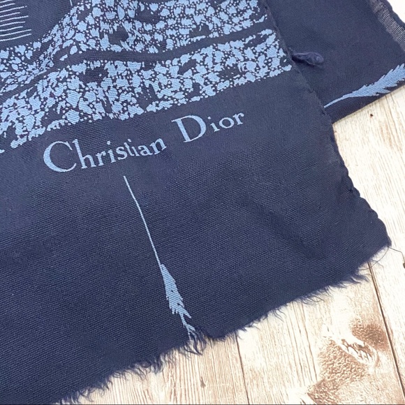 Vintage Christian Dior Navy Printed Raw Hem Scarf - Picture 7 of 10